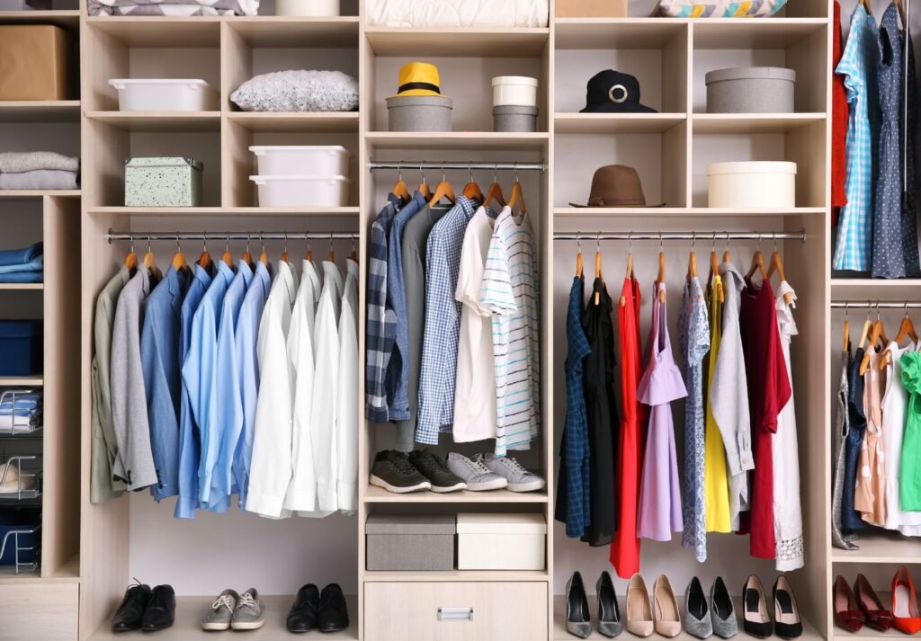 guarda roupa organizado divido em seções