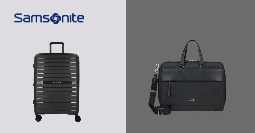 imagem com uma mala de viagem a esquerda e uma bolsa de mão a direita