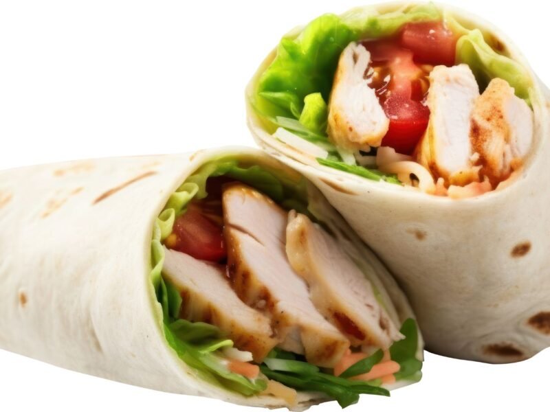 wrap de frango e vegetais cortado ao meio mostrando o recheio com tomate, alface e frango